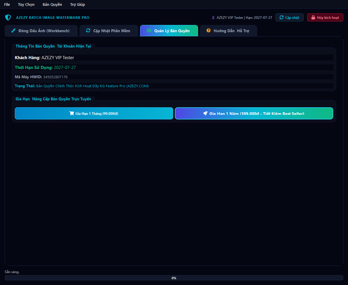 AZEZY Batch Image Watermark Pro - License Manager Tab Quản Lý Bản Quyền Chính Thức AZEZY.COM